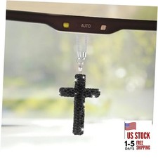 Bling Cross Car Hanging Ornament, Crystal Rhinestone Car Rearview Mirror Black