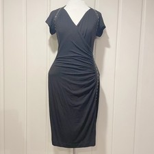 Carmen Marc Valvo Black Studded Faux Leather Trim Wrap Dress Size Small
