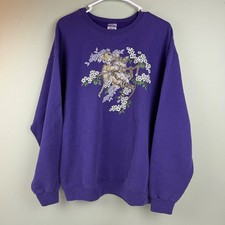 Jerzees NuBlend Vintage Purple Hugging Kitten Cat Floral Graphic Sweatshirt LG