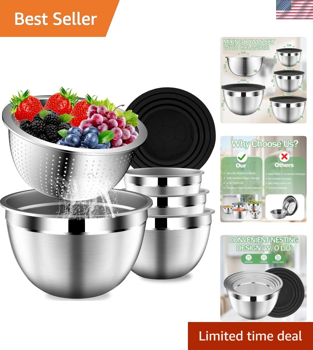 Mixing Bowls with Lids Set, Stainless Steel Mixing Bowls with Colander, Strai...
