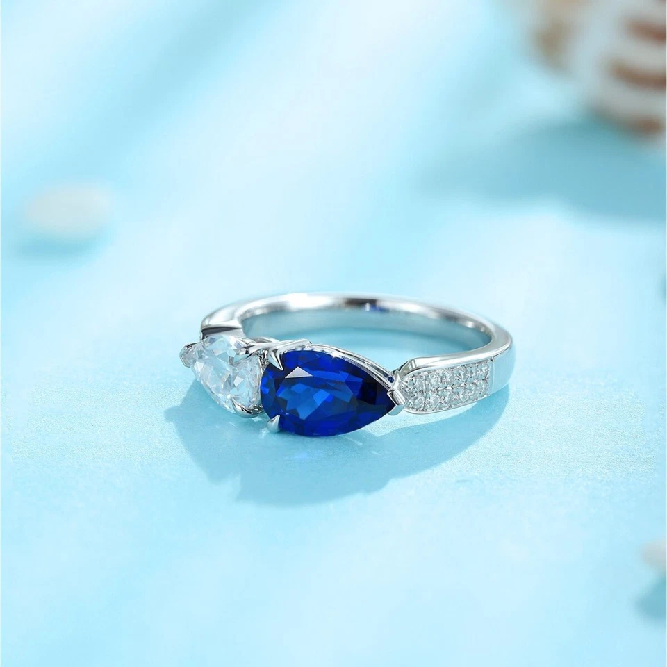 1.85Ct Lab Grown Pear Blue Sapphire Eternity Ring 925 Silver Womens Elegant Band - Image 4 of 4