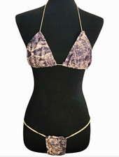 Vintage Snakeskin Print Triangle Bikini Top and Micro G-String Set Dancewear S