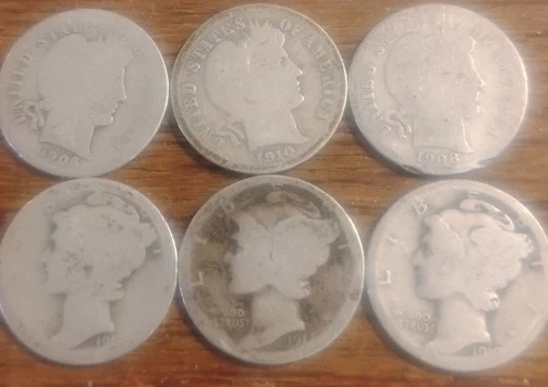 Lot Of 6 90% silver dimes 3 Barber And 3 Mercury Circulated
