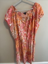 TALBOTS Silk Floral Blouson Dress Large Orange Pink Smocked Boho Resort Pockets