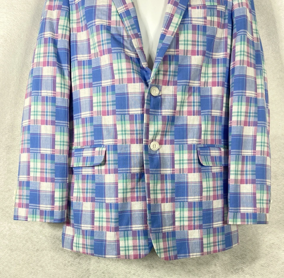 Izod Jacket Youth 18 Regular Blue Pink Plaid 100% Cotton Sport Coat Patch Work - Image 3 of 4