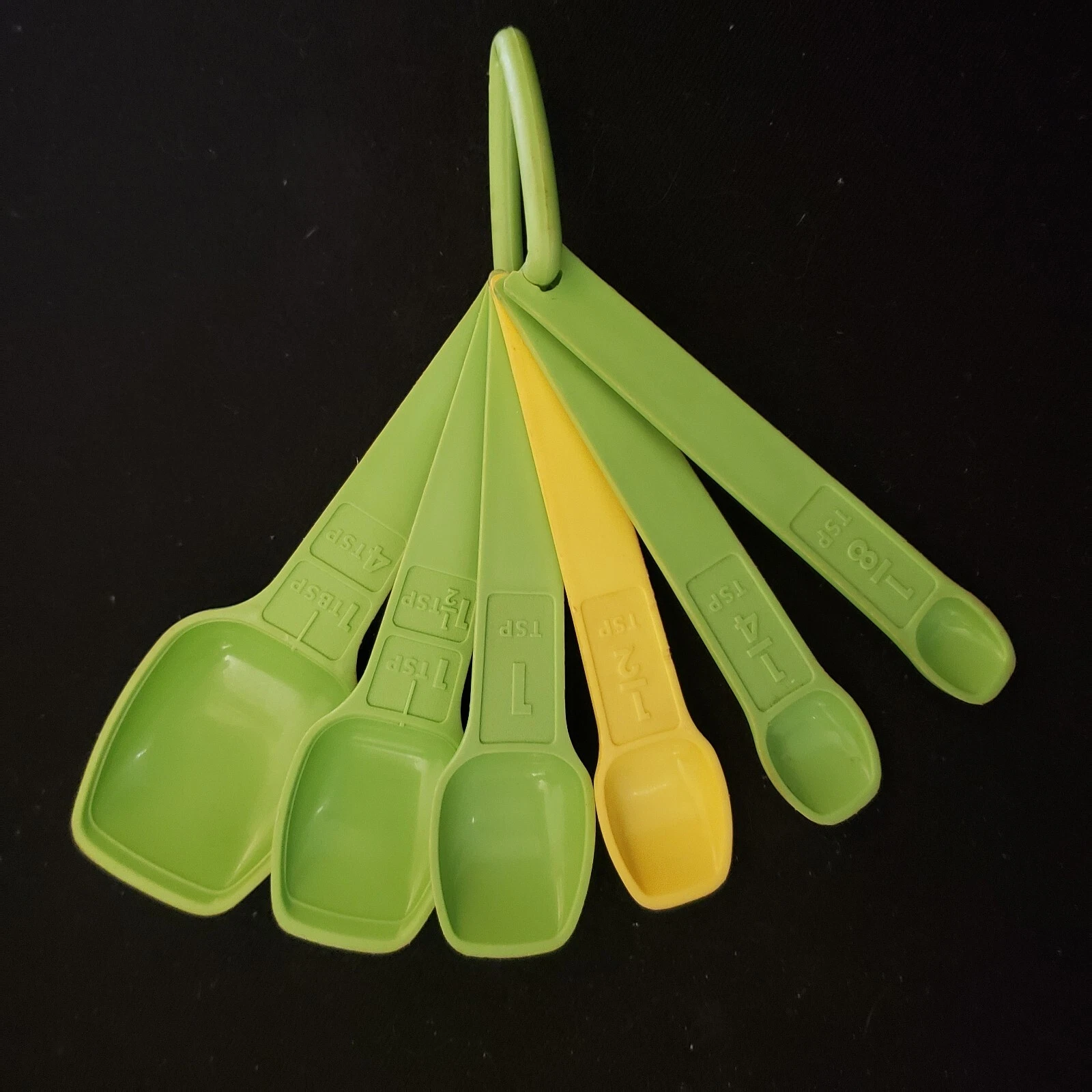 Vintage Tupperware Colorful Green Yellow Measuring Spoons Set on Ring