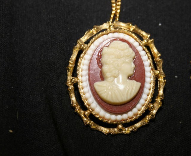 Vintage 1969 Resin Cameo Brooch with clip on back to wear as a Necklace