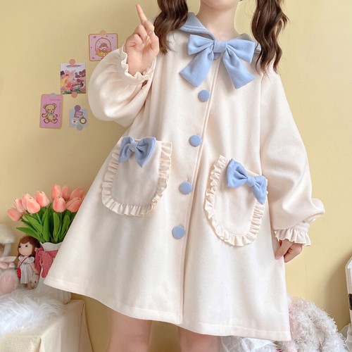 Mujeres japonesas lolita jk uniforme abrigo de lana cuello azul marino kawai cortavientos winte - Imagen 10 de 14