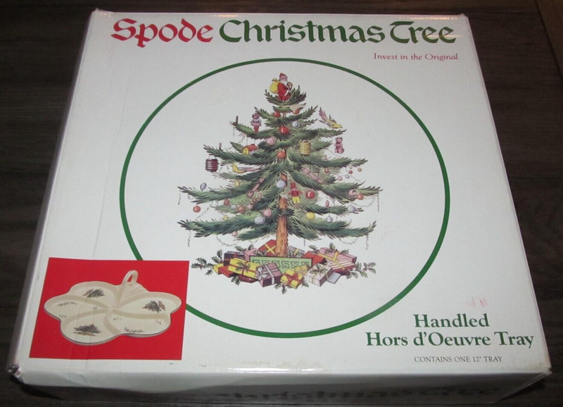 MIB XMAS SPODE CHRISTMAS TREE HOLIDAY HANDLED HORS D' OEUVRE TRAY PORCELAIN