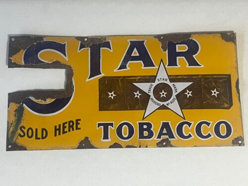 Vintage Star Tobacco Sold Here Cigarettes Porcelain Sign 24”x12”