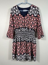 Eliza J Dress Womens 10P Blue Pink Floral Smocked Waist Bell Sleeves