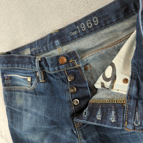 Gap 1969 Selvedge Jeans 32x32 (Fits 32x31) Blue Straight Button Fly Dark Faded - Picture 6 of 19
