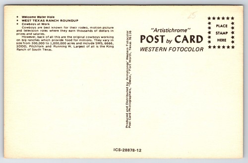 Postkarte Rinder Cowboys bei der Arbeit Willkommen Wasserloch West Texas Ranch Zusammenfassung - Bild 2 von 2