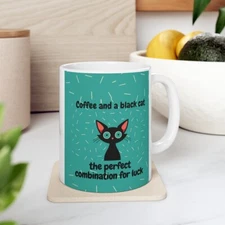 Coffee mug and a black cat, exclusive design for cat lovers,Ceramic  Mug 11oz