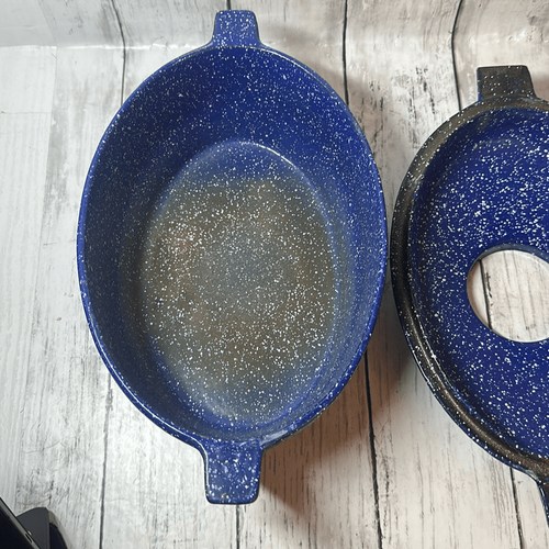 Vintage LL Bean Cast Iron Enameled Cast Iron Steamer Pot Speckled Blue - Picture 7 of 8