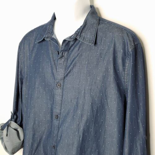 NEW Perry Ellis Mens Button Down Shirt XL Blue Chambray Mini Dot Long Sleeve - Picture 2 of 5