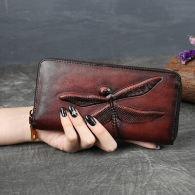 Women s Genuine Leather Dragonfly Embossed Clutch Bag Long Wallet Phone Case