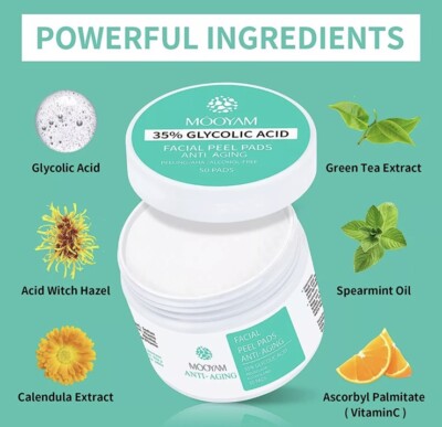 Glycolic Acid 35% Facial Exfoliating Peel Pads AHA Green Tea - 50 pads USA Stock