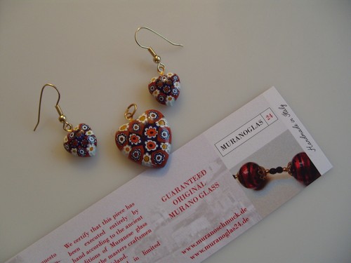 Colgante Corazón Ø22mm Pendientes Ø12mm Original De Cristal Murano Millefiori - Picture 4 of 7