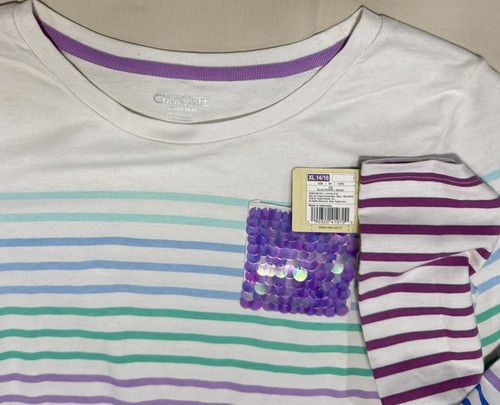 New Cherokee Striped Shirt Long Sleeves Girls size XL (14-16) Sequin Pocket - Picture 2 of 2