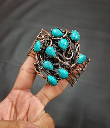 Turquoise Gemstone Wide Band Bangle Copper Wire Wrapped Adjustable Cuff Bracelet - Picture 3 of 7