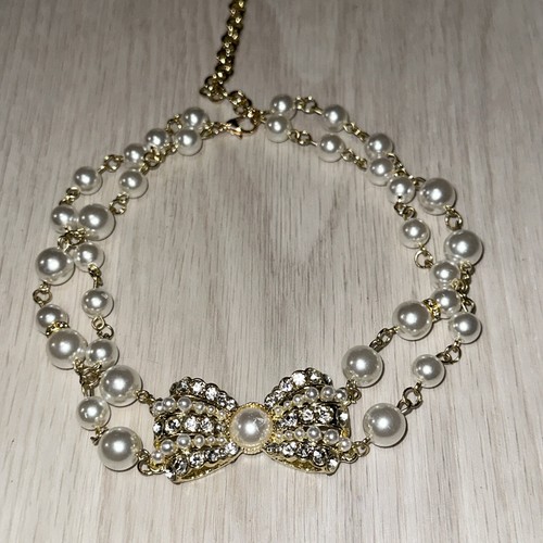 Pearl Choker Ribbon Style Rhinestones And Silver Tone Layered Elegant Necklace - Picture 2 of 6
