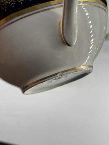 Soho pottery Solian ware Two Handle Cream Soup Bowl Cup Blue Gold Art Deco cathe - Picture 7 of 18