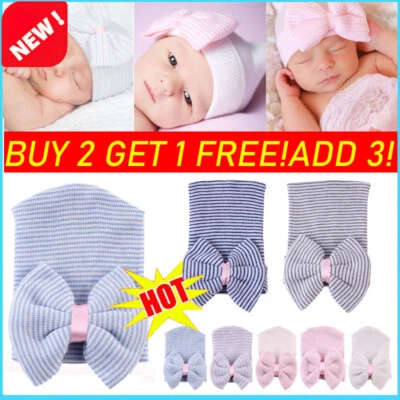 Newborn Baby Girls Infant Soft Hat Striped with Bow Cap Hospital Beanie Headband