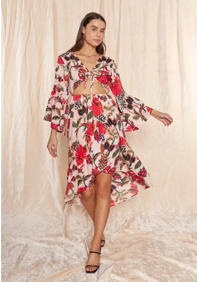 RAGA Large Natura Midi Dress Tie-Front Cutout Bell Sleeve High-Low Floral Boho