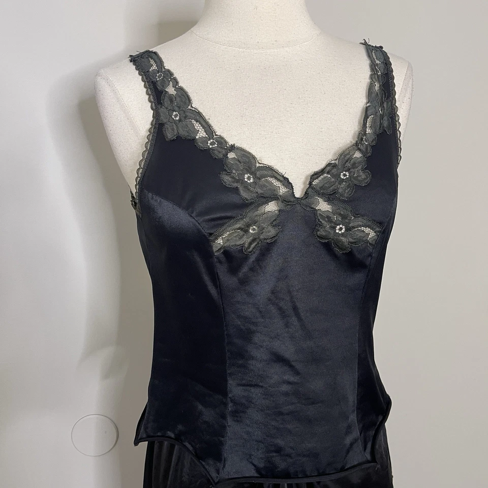 Conjunto de lencería vintage Y2K Euro negro satinado encaje talla pequeña camisola minifalda Foto 2 de 4
