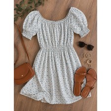 Ann Taylor Blue Floral Puff Sleeve Mini Dress White Geometric Small NWOT