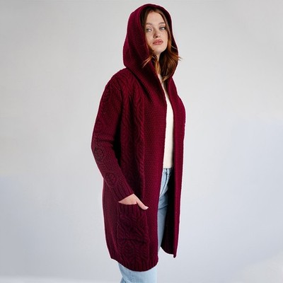 SAOL Aran  100% Merino Wool Long Hooded Cardigan Sweater Women Knitted Coatigan