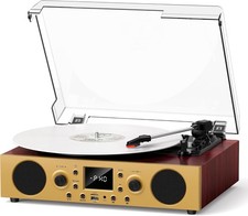 Red Burl Wood Bluetooth Record Player, 3-Speed Turntable Premium burl wood finis