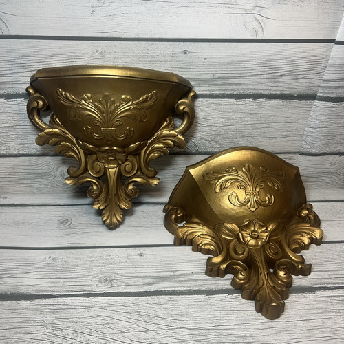 Vintage 1978 Homco Gold Plastic Wall Shelf or Pocket Sconce Set