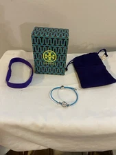 Tory Burch Miller Slider Bracelet In Blue Leather With Silvertone Hardware