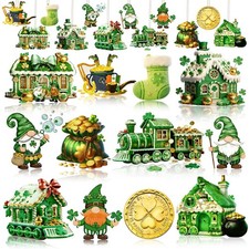 12Pcs St.Patrick's Day Wooden Hanging Shamrock Ornaments Green Lucky House Gnome