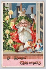 Santa Delivers Toys in Window Candle Lit Tree...