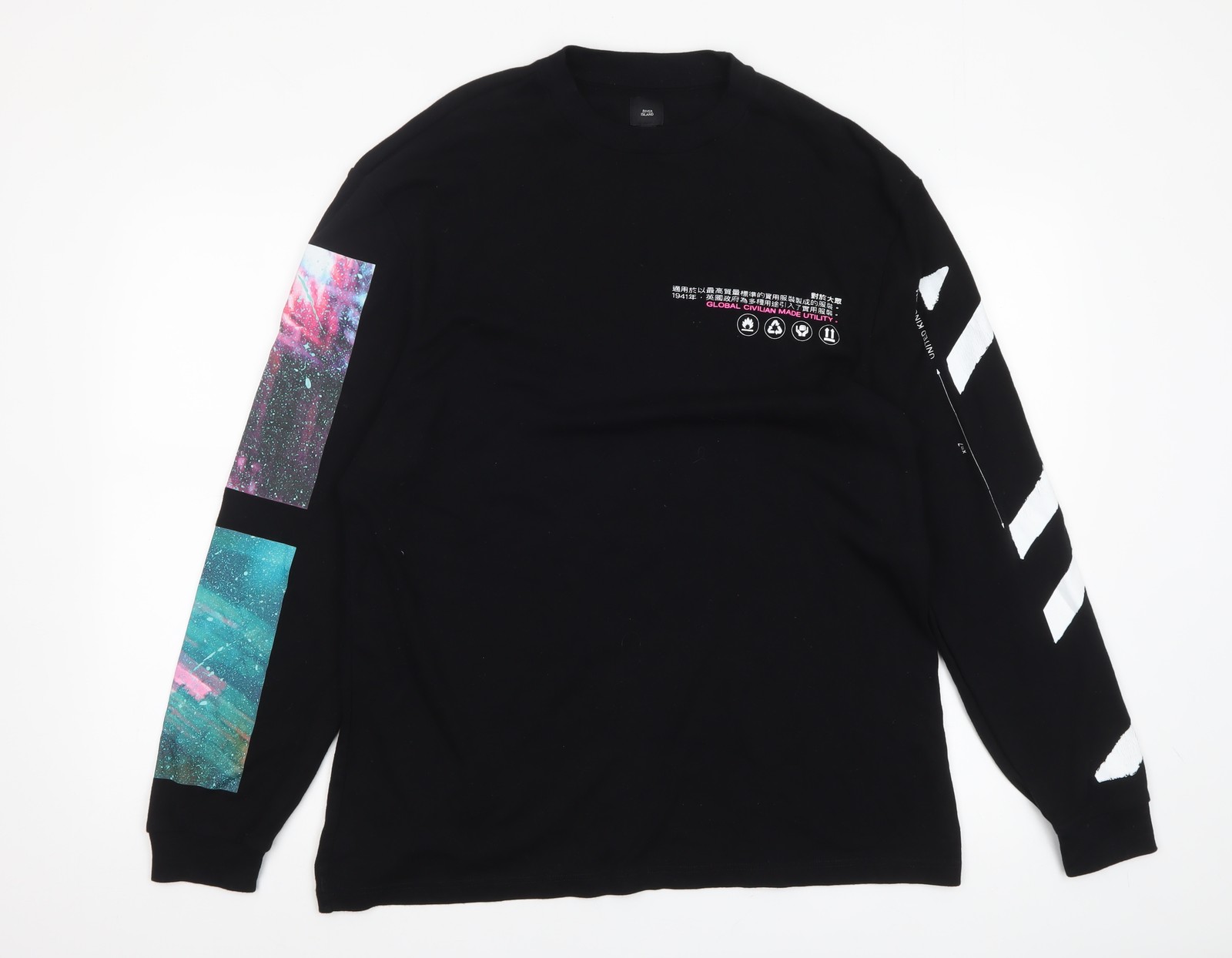 River Island Men's Black Space Print Long Sleeve Graphic Top L