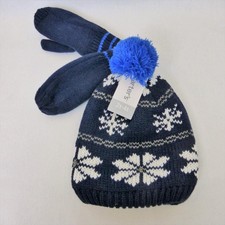 Carters Cap Hat  Mittens Set Navy Blue White Snowflakes Pom Pom Size 2-4T New