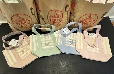 Brand New Trader Joe s Limited Edition Striped Mini Canvas Tote Bags   Set of 4