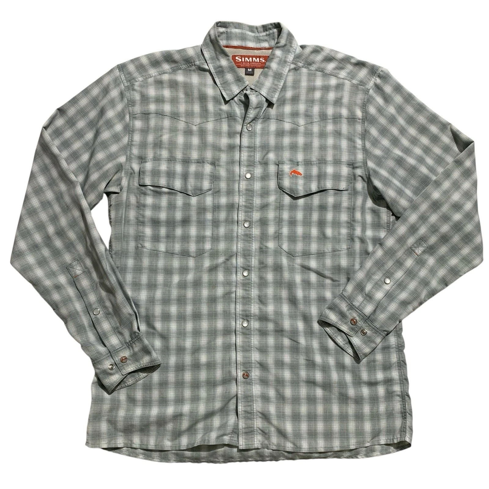 Simms Shirt Men M Gray Pearl Snap Vented Big Sky Fishing Hiking Camp Outdoor