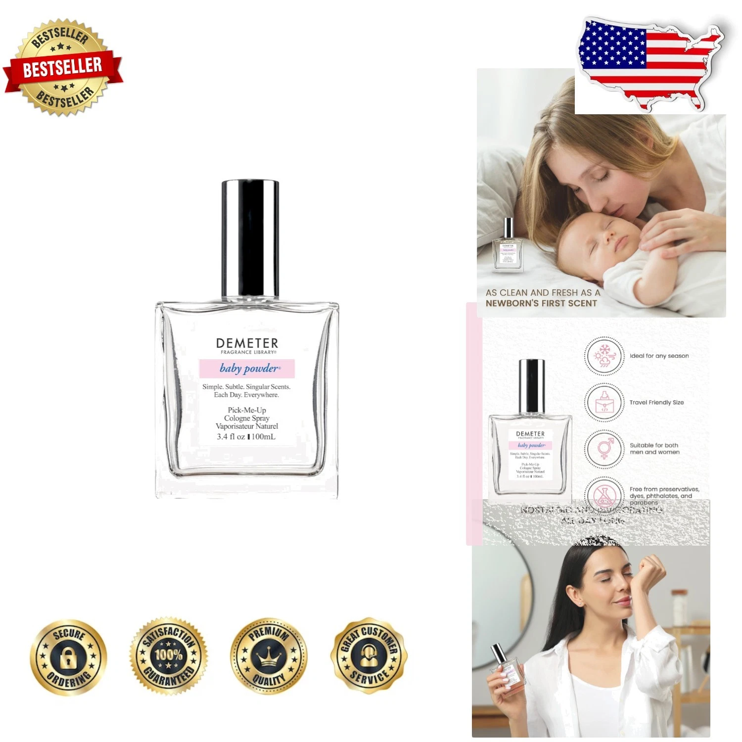Baby Powder Eau De Cologne 3.4oz Spray - Clean, Gentle, USA Made