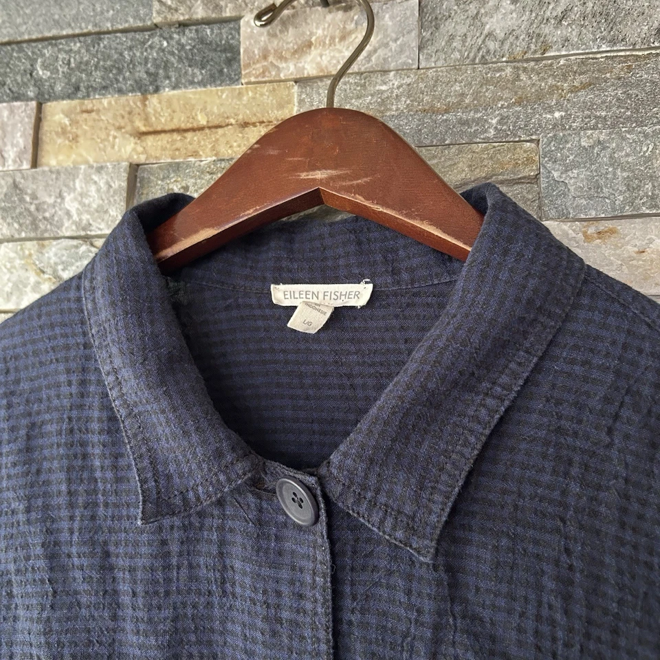 eileen fisher Organic Linen Button Coat Jacket Blue Check Large - Image 2 of 4