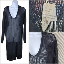 NEW Dress Sheer Black Small Swim Cover Up Knit Goth Hooded Knee Length Slit