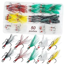 Fishing Round Bend Treble Hooks Feathered, 50pcs Dressed Flash Teaser Treble 