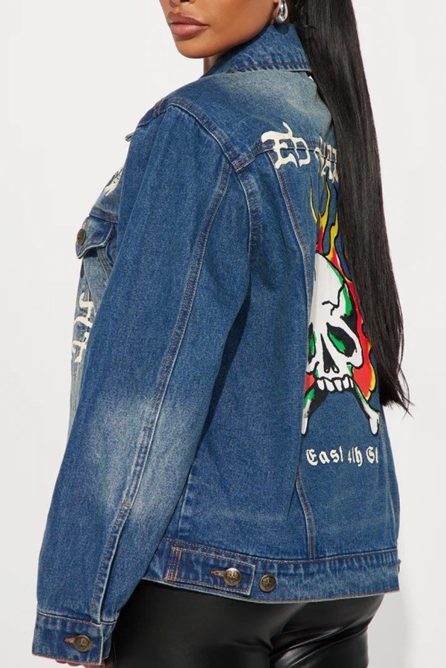 Ed Hardy Women's Big Flame Skull Denim Jean Jacket Blue Sz L NWT