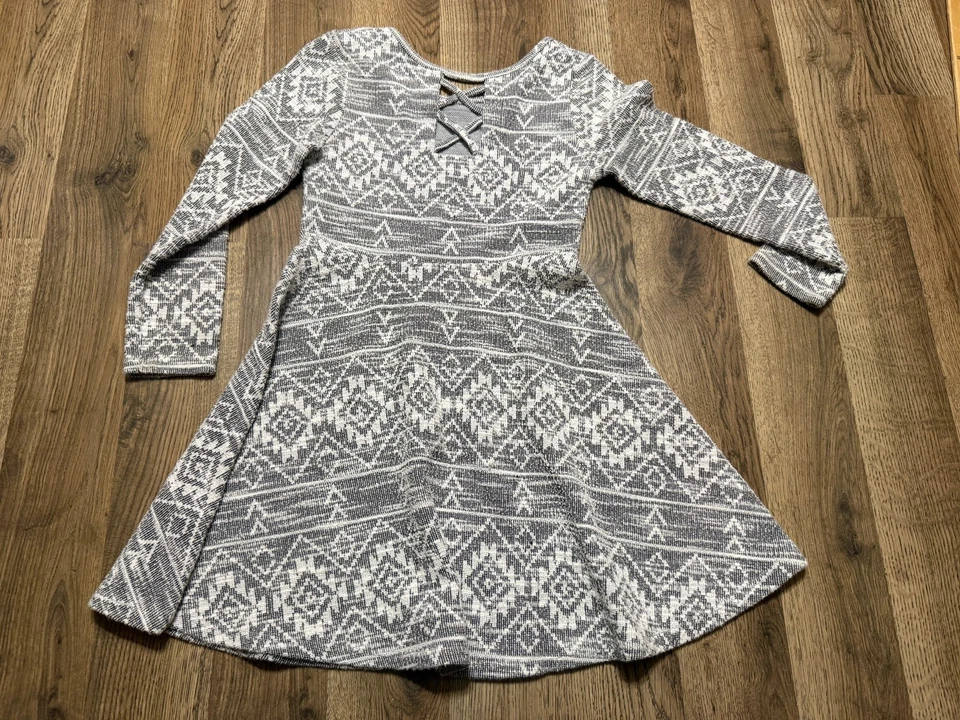 Place Dress Youth Girls Size Medium 7/8 Grey White Fair Isle Long Sleeve Dress - Image 2 of 4