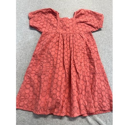 Petit Bateau Girls Eyelet Dress Coral Pink Short Sleeve A-Line Dress Size 4Y