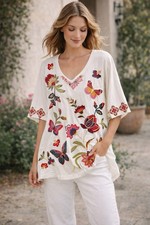 Johnny Was Trapunto Embroidered Boho Top XL NWT Floral Butterfly 100 Cotton