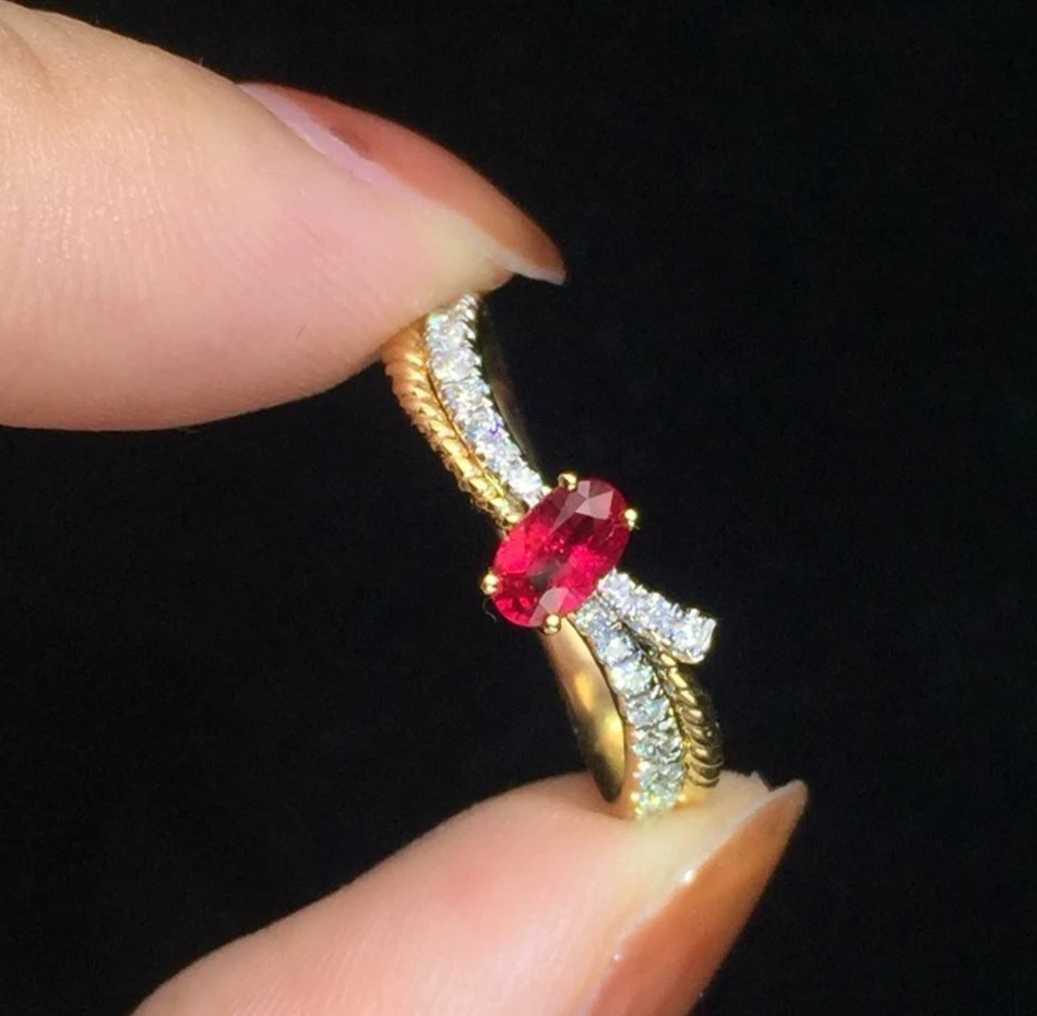 Simulated Red Ruby & White Moissanite Women Anniversary Ring In 10K Yellow Gold - Image 2 of 4